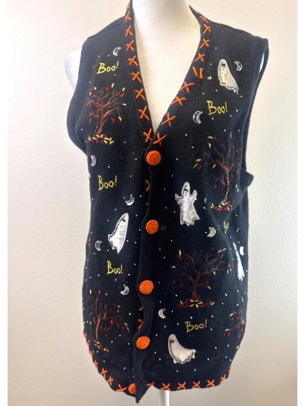 VTG Basic Editions Halloween Ghost Embroidered Knit Vest Medium Ramie Teacher
